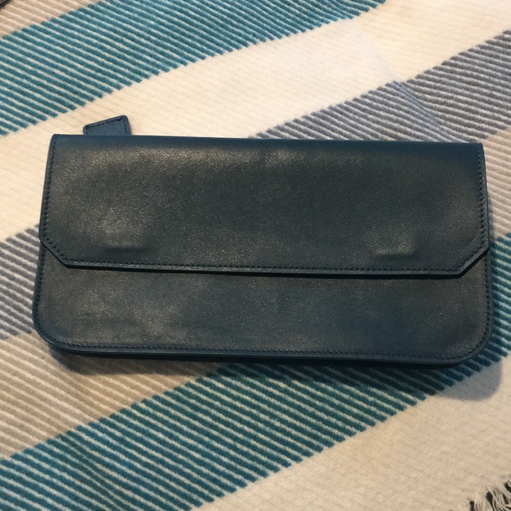 Universal Standard teal leather maxi pochette bag